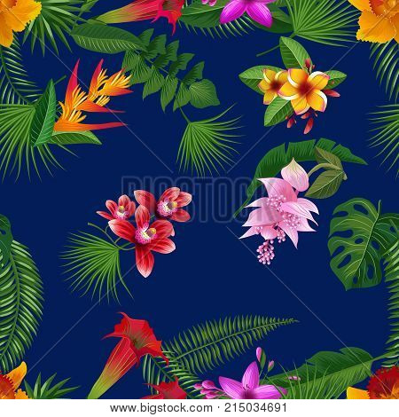 Vector tropical palm leaves and exotic flower elements pattern with dark blue background illustration