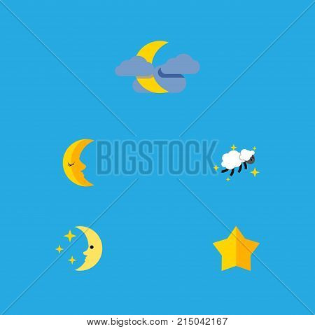 Flat Icon Night Set Of Starlet, Night, Moon And Other Vector Objects