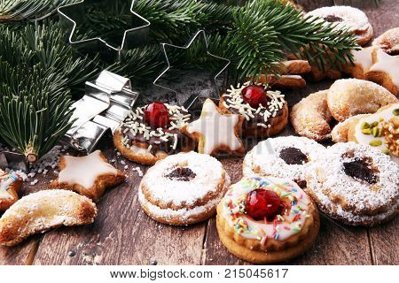 Mixed Christmas cookies. Colorful mix of Christmas-themed decorated xmas cookies.