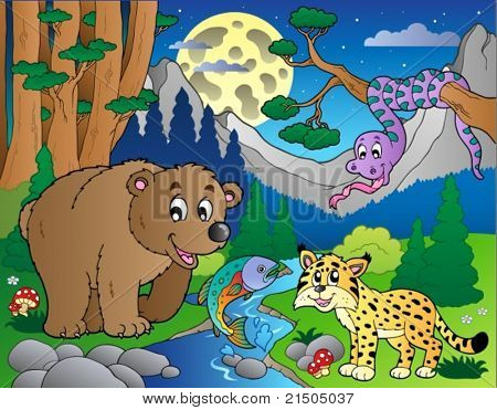Scena della foresta con animali felici 1 - illustrazione vettoriale.