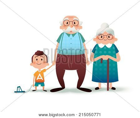Funny cartoon family. Happy grandfather, grangmother and grandson. Granddad and little boy holding hands. Happy family concept. Cartoon vector flat illustration