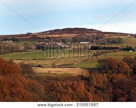panoramic view of midgley moor near hebden bridge in autumn with surrounding fields and woodland