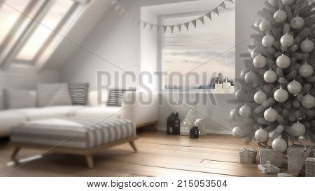 Blur Background Interior Design, Loft Living Room With Christmas Tree And Presents, White Scandinavi