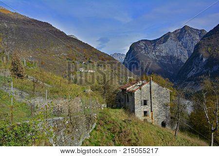 The autumn landscape around the small hill village of Erto in Friuli Venezia Giulia north east Italy.