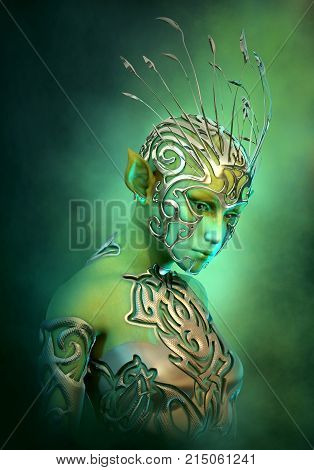 3d computer graphics of an extraterrestrial girl with jewelry and clothing of metal