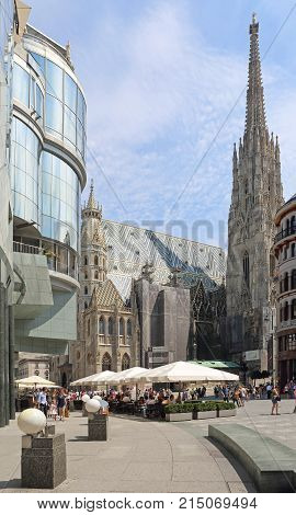 VIENNA AUSTRIA - JULY 12 2015: St. Stephen Cathedral at Stephansplatz in Vienna Austria.