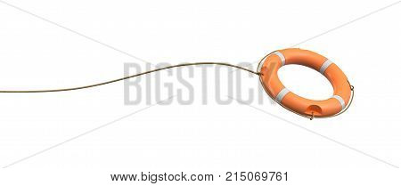 3d rendering of a single orange life buoy on a white background hanging from a long rope in motion. Throw life line. Save yourself. Risks and precautions.