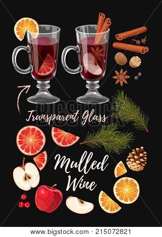 Glass of red winter hot mulled wine, and a set of ingredients
