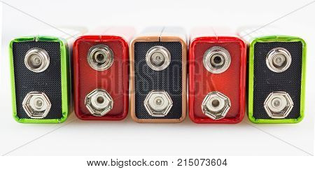 Five colored battery, type PP3, white background, macro