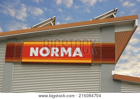 GIESSEN GERMANY JULY 2017: NORMA supermarket chain sign. NORMA is a GERMAN global discount supermarket chain based in Fürth Bayern Germany