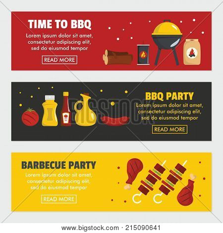 Barbecue and steak three horizontal banners template. Meat firewood coal and BBQ grill on a black background. Poster for barbecue party and time to BBQ. Vector illustration
