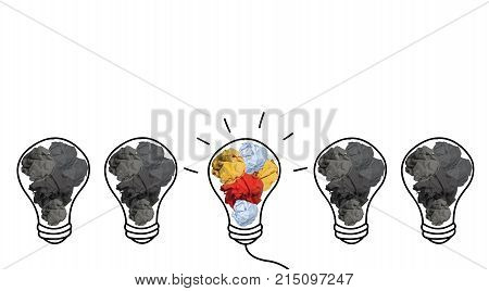 Stand out of crowd lightbulb and colorful paper crumpled isolated on white background idea business innovate achievement growth success concept object design Business/Finance