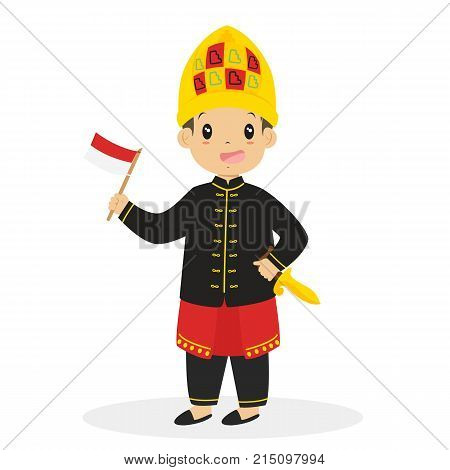 Aceh boy wearing traditional wedding dress and holding Indonesian flag cartoon vector