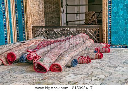 Prayer carpets of the Yame mosque interior in old city Yazd in Iran.