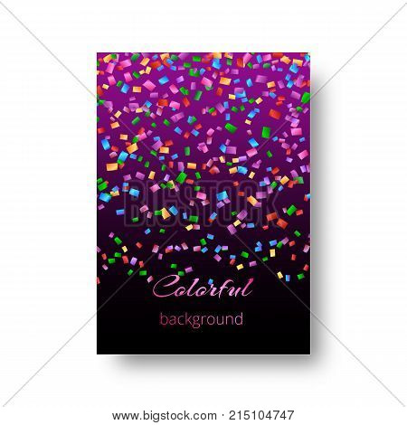 Background of a brochure with shiny colored paper confetti flying on a purple backdrop for a Christmas design
