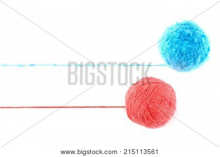 Ball of yarn for knitting isolated on white background. Flat lay top view. Free space for text.
