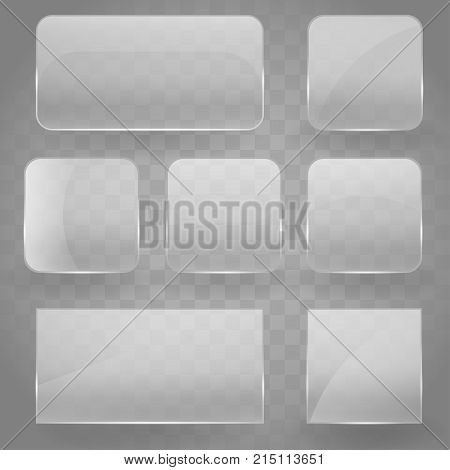 Collection of transparent reflecting square glass banners with rounded corners and gloss reflection effect. Vector illustration icons set. Glass glare square banner EPS 10