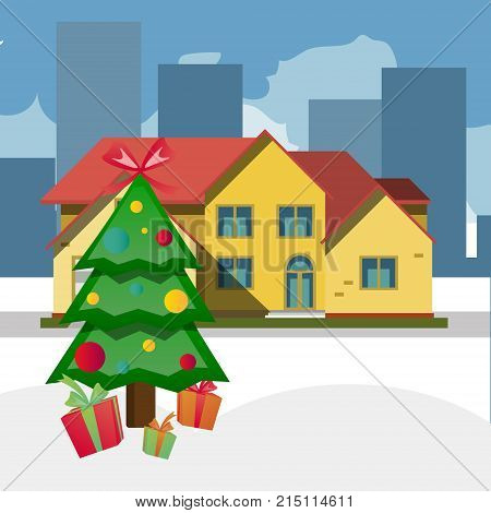 Christmas trees outdoors at snowy day. Vector illustration