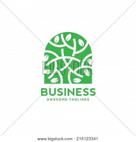 architectural or environmental company in a shape of green arch window with green leaves Sign to buy windows or doors from natural materials, green leaf decorative window