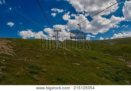 Newly-built modern Goderdzi Cable Car and Rural mountain landscapes of Georgian Adjara region near  and village of Khulo