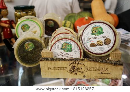 CRACOW POLAND - NOVEMBER 16 2017: Great cheeses Pecorino at Gastrofood - Trade Fair for Food and Drinks for Catering in Cracow. Poland