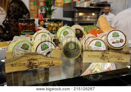 CRACOW POLAND - NOVEMBER 16 2017: Great cheeses Pecorino at Gastrofood - Trade Fair for Food and Drinks for Catering in Cracow. Poland