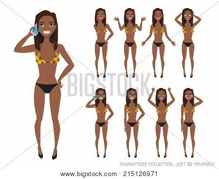 Black african american Woman in a beach swimsuit. Set of emotions and gestures to the young woman. Girl in a different mood. Womens emotions, woman in everyday life.