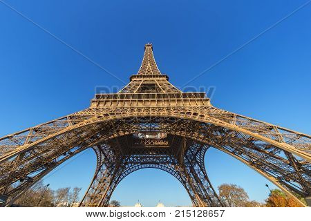 Up View Of The Eiffel Tower Sunrise, Paris, France