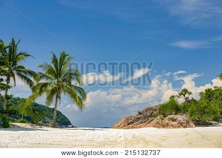 Beautiful tropical blue green lagoon surrounded with the condense jungle in Malaysia unknown from mass tourism