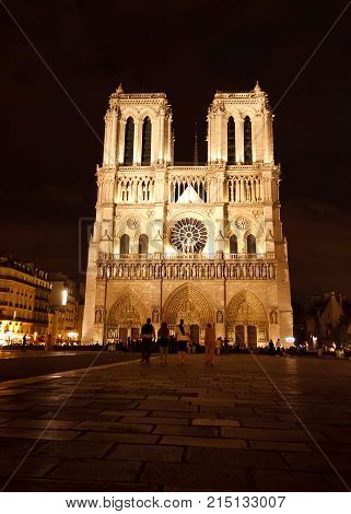 Notre Dame de Paris Cathedral place at night in Paris