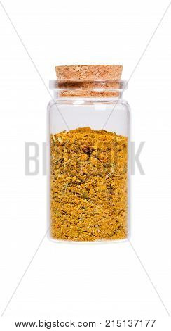 Svanuri marili in a glass bottle with cork stopper, isolated on white.