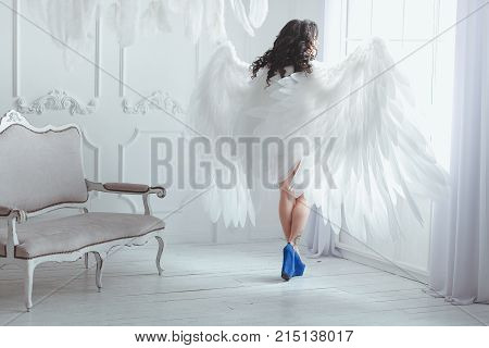 Beautiful young brunette pregnant girl with big angel wings in white studio. Woman turned back to camera looking to wondow. Horizontal view with copyspace for text