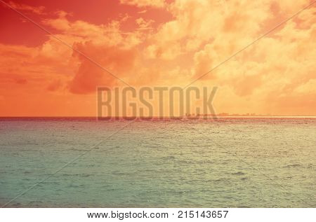 Mexico Cancun skyline view from Isla Mujeres beach in Quintana roo filtered