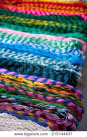 Chichen itza colorful hammocks in outdoor shop Mexico Yucatan