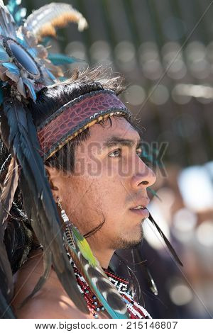March 4, 2016 San Miguel de Allende Mexico: profile portrait of an indigenous Mexican dancer at the Senior de la Conquista celebration