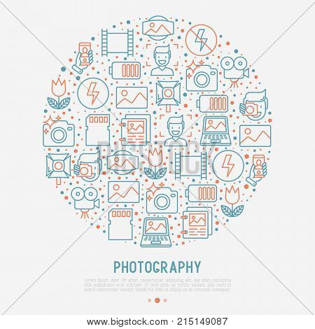 Photography concept in circle with thin line icons of photographer, film, crop, flash, focus, light, panorama. Vector illustration for banner, web page, print media.