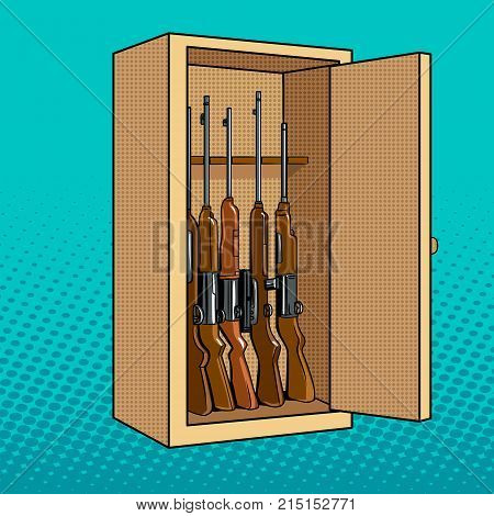 Cabinet with guns pop art retro vector illustration. Rifles in box. Comic book style imitation.