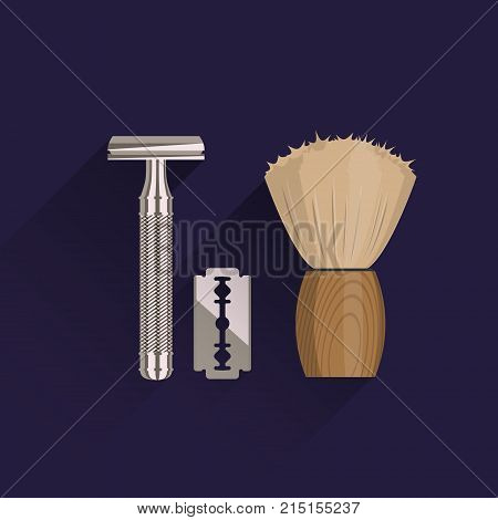 A set of men's accessories for shaving. T-shape razor, blade and shaving brush. Double edge blade razor shaver. Flat vector illustration