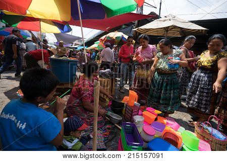 April 24, 2016 San Pedro la Laguna, Guatemala: the small indigenous town lacks supermarkets, most of the produce is sold on the street during the Saturday farmers market