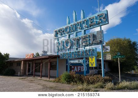November 10, 2015 Truxton, Arizona, USA: abandoned Frontier Motel, Cafe and vintage neon sign on historic Route 66 in Mohave County, Arizona