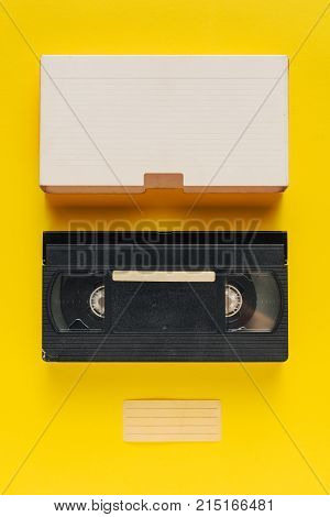 Blank used video casette tape retro technology. Video home system (VHS) recording tape with blank warapper as copy space.