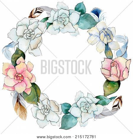 Wildflower gardenia flower wreath in a watercolor style. Full name of the plant: gardenia . Aquarelle wild flower for background, texture, wrapper pattern, frame or border.