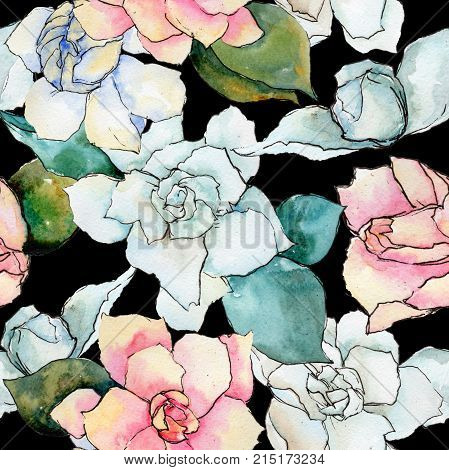 Wildflower gardenia flower pattern in a watercolor style. Full name of the plant: gardenia . Aquarelle wild flower for background, texture, wrapper pattern, frame or border.