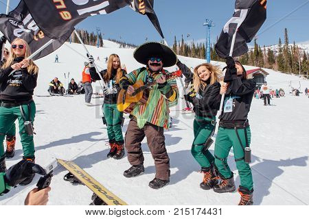 Sheregesh, Kemerovo region, Russia - April 22, 2017: Grelka Fest is a sports and entertainment activity for ski and snowboard riders in carnival costume. Man in carnival costume of mexican man.
