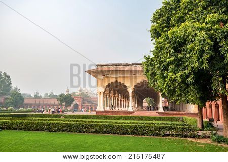 AGRA, INDIA - NOVEMBER, 2017: Diwan-i-Am - Hall of Public Audience is a room in the Red Fort of Delhi where the Mughal emperor Shah Jahan and his successors received members of the general public