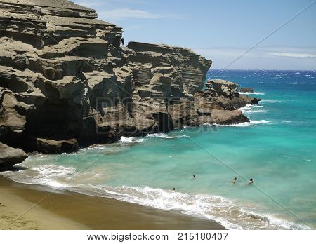 sunny day at Papakolea Green Sand beach on Big Island, Hawaii