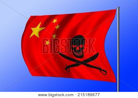 Waving Pirate Flag Combined With Chinese Flag