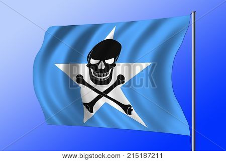 Waving Somalian flag combined with the black pirate image of Jolly Roger with crossbones