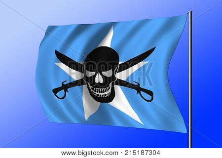Waving Somalian flag combined with the black pirate image of Jolly Roger with cutlasses