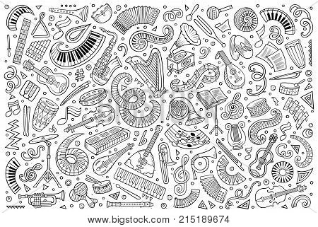 Vector hand drawn doodles cartoon set of classical musical instruments objects and elements